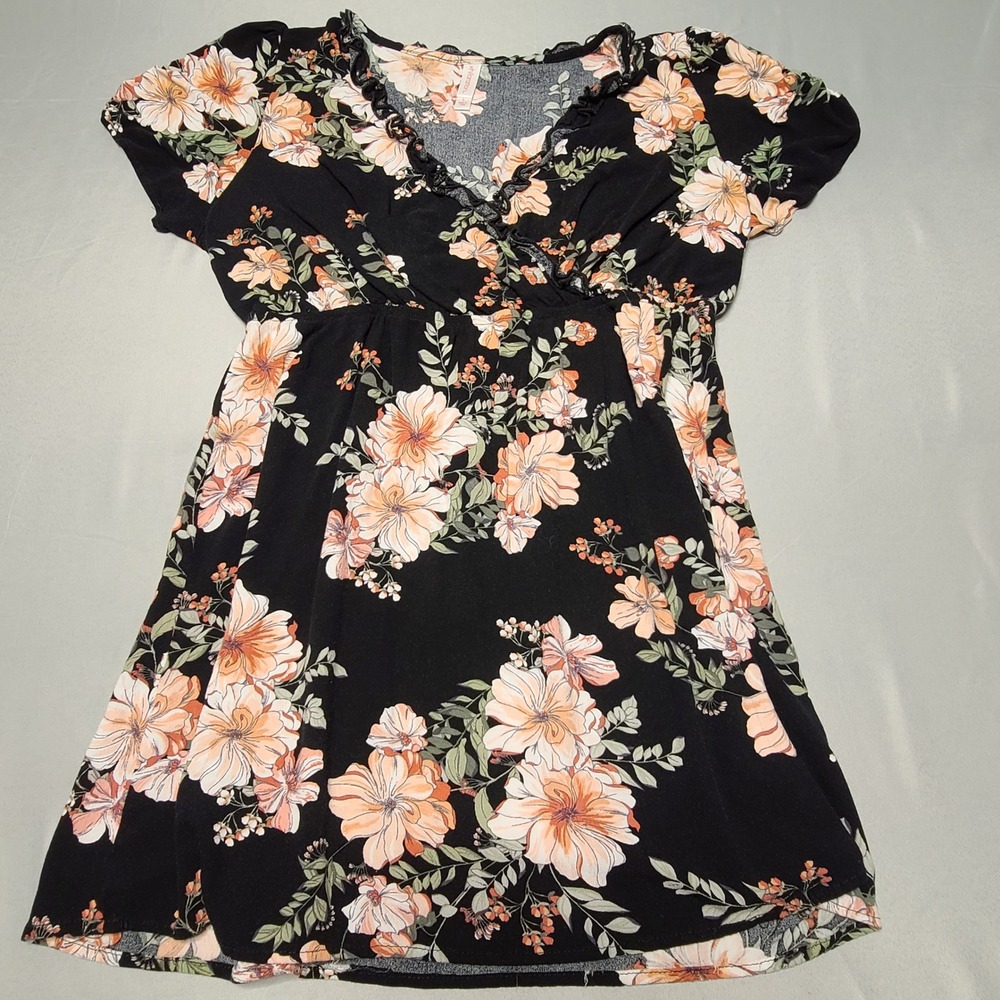 Xhilaration Floral Mini Dress Womens L Black Peach Boho Ruffle V-Neck Rayon